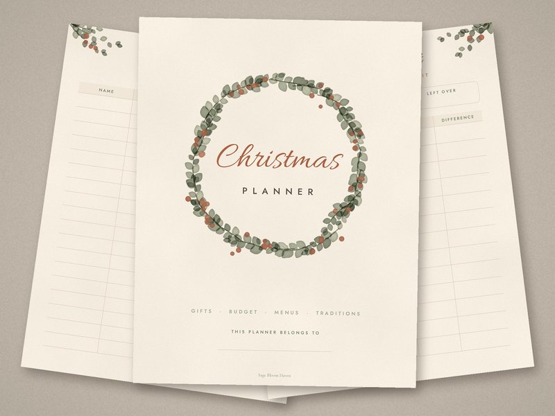 Boho Christmas Planner Printable flat lay with cover, gift list and budget pages, Letter and A4 PDF